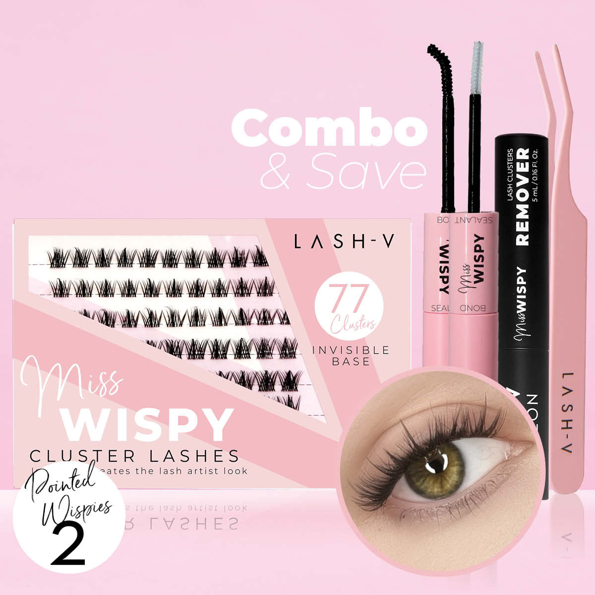 Miss Wispy Cluster Lashes - 77 Clusters Style 2 Pointed Wispies Complete Kit - LASH V